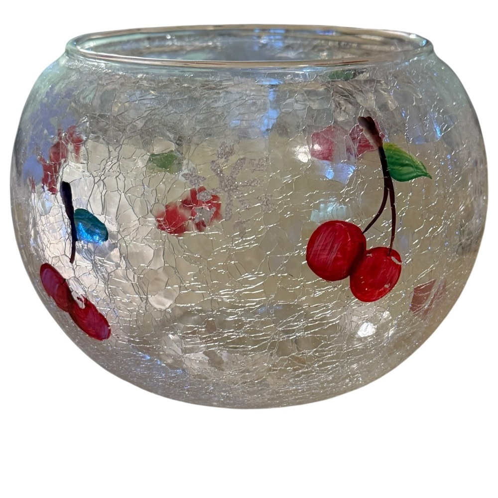 Hand-Painted Crackle Glass Cherry Bowl Clear Round Decorative Centerpiece